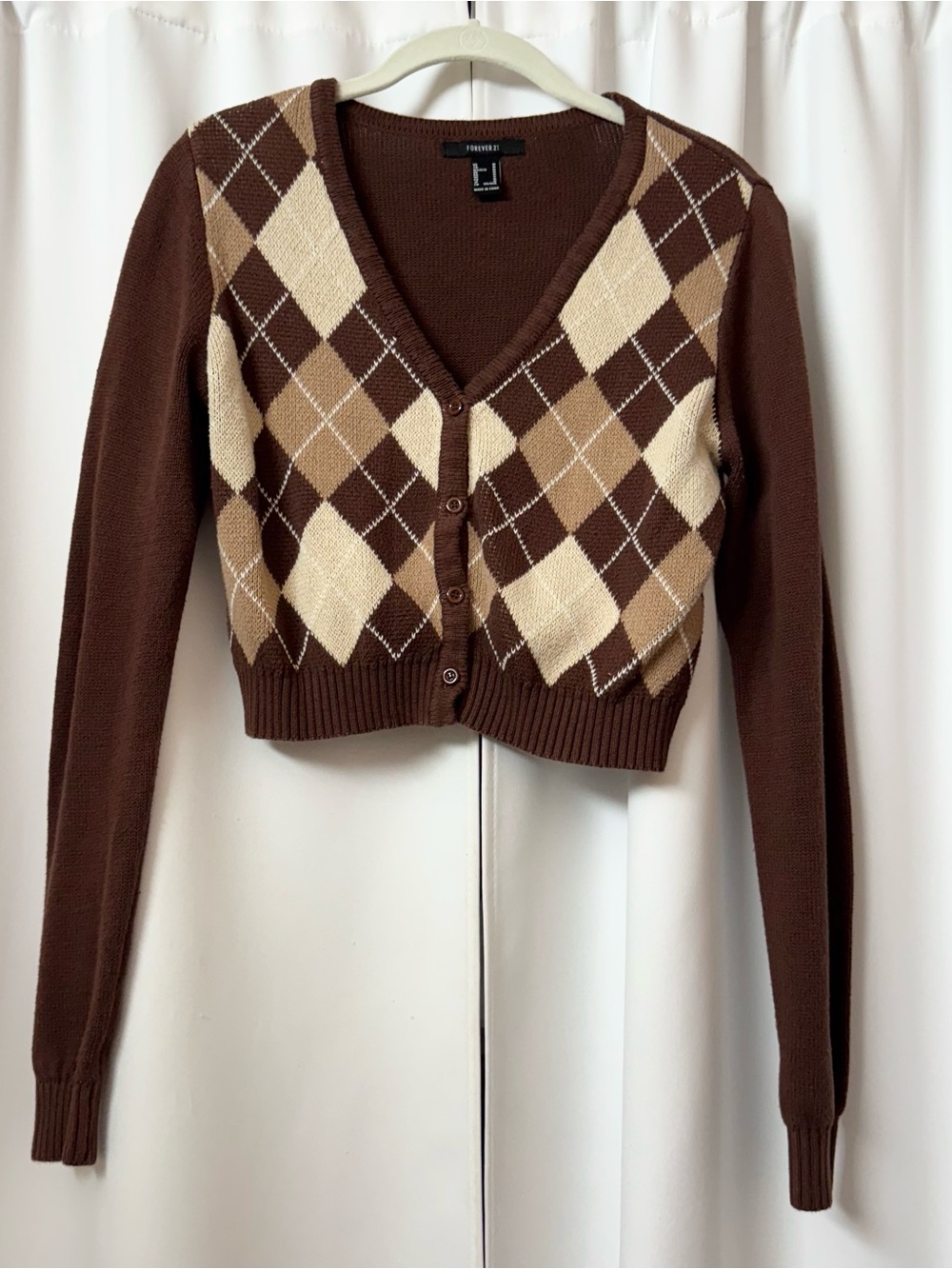 Brown & Cream Cotton Argyle Button Up Cropped Sweater Cardigan Size Medium